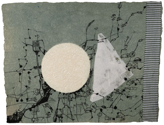 60x46 cm, ink, oil paint, handkerchief, fabric on rice paper